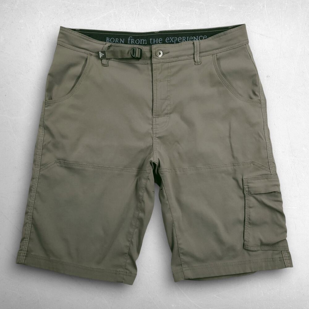 prAna Cargo Hiking Shorts Unisex 35 Olive Drab Stretch Belted Outdoor Gorpcore